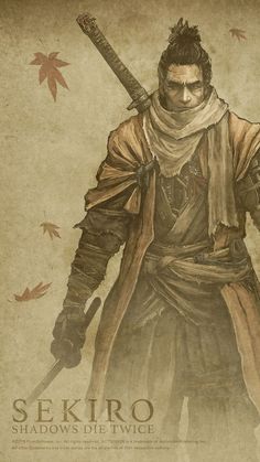 a drawing of a man with two swords in his hand and the words sekiro on it