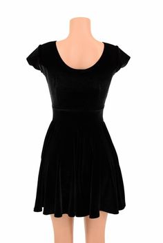 "This item is made to order, please read all the way through the listing before purchasing! This fun and flirty dress is made of plush black stretch velvet. This is high quality lycra velvet, soft and plush with four way stretch and a beautiful light reflecting shine. The bodice has darts for shape, and a stretchy banded waist. Cute little cap sleeves and a scoop neckline front and back. The hemline is a full circle cut, for tons of flirty, swingy movement when you walk. LENGTH: 27\" (from the u Black Velvet Dress For Date Night, Fitted Velvet Dress For Night Out, Fitted Velvet A-line Dress, Fitted A-line Velvet Dress, Fitted A-line Velvet Party Dress, Fitted A-line Velvet Dress For Party, Black Velvet A-line Dress, Fitted Velvet Mini Dress For Date Night, Black Velvet Knee-length Dress