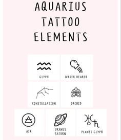 the aquarius tattoo elements are shown in black and white on a light pink background