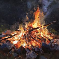 an oil painting of a bonfire with lots of flames