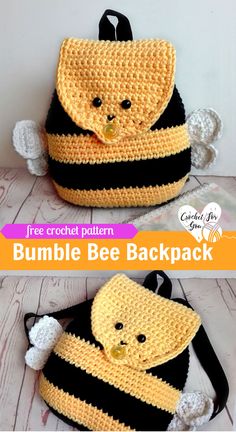 a crocheted bumble bee backpack is shown with the words free crochet pattern