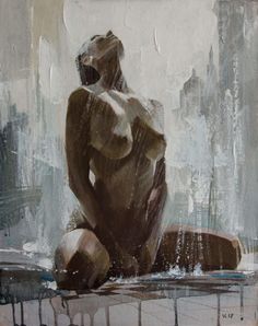 a painting of a naked woman sitting on the ground in front of a cityscape