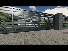 a 3d rendering of a metal gate on a brick walkway with trees in the background