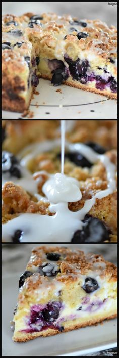 blueberry cheesecake being drizzled with icing