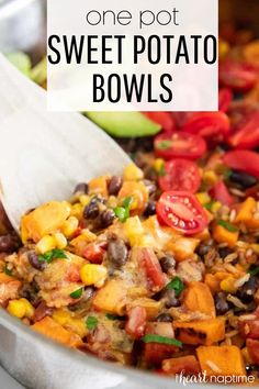 one pot sweet potato bowls with text overlay