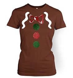 a women's t - shirt with a red bow and green balls on it