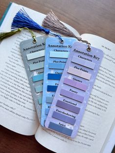 three bookmarks with tassels on top of an open book