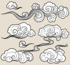 clouds in the sky with waves and swirls on beige background stock photo, royalty illustration