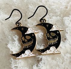 Spooky celestial skeleton moon with clouds. Black matte ear wires. Black Moon Shaped Celestial Earrings, Black Moon-shaped Celestial Earrings, Celestial Moon-shaped Black Earrings, Black Moon Charm Celestial Earrings, Black Celestial Earrings With Moon Charm, Moon With Clouds, Halloween Makeup Costumes, Halloween Costumes Makeup, Pinterest Ideas