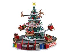 a christmas tree with santa's sleigh and reindeers on it in front of a white background