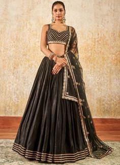 Black and Gold Embroidered Lehenga – Lashkaraa Golden Lehenga With Black Blouse, Black Gold Lehenga, Embroidered Black Silk Lehenga, Black Semi-stitched Dola Silk Lehenga, Black And Golden Lehenga, Dupatta Embroidery, Golden Lehenga, Golden Saree, Embroidered Lehenga