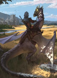 a man riding on the back of a horse next to a giant dragon in a field