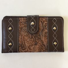 New Gold Coast Faux Leather Brown Tooled Wallet Small, Billfold, With Credit Card Slots. No Coin Pocket. For Holding Credit Cards And Checkbook Only. Flap And Snap Closure. Cute Vintage Tooled Leather Look! Great For Travel! New No Price Tags. Brown Wallet With Snap Closure For Everyday Use, Brown Trifold Wallet With Cell Phone Pocket, Brown Wallets With Snap Closure For Everyday Use, Brown Bifold Coin Purse With Snap Closure, Brown Wallet With Cell Phone Pocket For Daily Use, Brown Trifold Rectangular Wallet, Brown Travel Wallet With Snap Closure, Brown Rectangular Coin Purse With Snap Closure, Brown Leather Wallet With Snap Closure