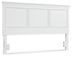 a white headboard with three doors on each side and two legs at the bottom