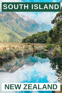 the new zealand travel guide is shown in front of mountains and water, with text overlay