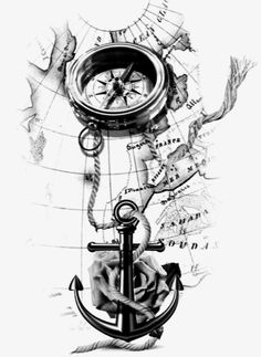 a black and white drawing of an anchor with a compass on it's side