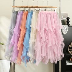 Colorful Layered Ruffle Tulle Skirts for Women Elegant Tulle Skirt With Ruffles, Party Skirt With Layered Voluminous Hem, Party Skirt With Layered Hem And Voluminous Fit, Voluminous Party Skirt With Layered Hem, Summer Tulle Maxi Flared Skirt, Summer Flared Tulle Maxi Skirt, Spring Chiffon Tulle Skirt, Tulle Maxi Skirt With Ruffled Details, Spring Sheer Skirt Dress