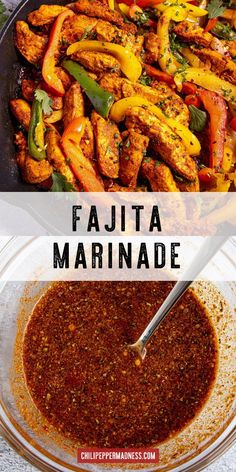 the ingredients to make fajita marinade in a skillet with text overlay