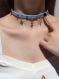 This choker features stud embellishments and three cross pendants, exuding a high-end feel. It combines sweetness with a cool edge when worn.Elevate your style with this exquisite choker, adorned with sleek stud embellishments and accented by three elegant cross pendants. This accessory seamlessly blends a high-end aesthetic with a sweet yet edgy vibe, making it a versatile addition to any outfit. Perfect for adding a touch of sophistication and attitude, this choker is a must-have for fashion-f Cross Choker For Party, 90's Punk, Steampunk Fashion Female, Rose Flower Pattern, Rose Choker, Steampunk Heart, Steampunk Fashion Male, Character Clothing, Black Punks