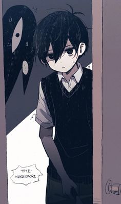 an anime character is standing in front of a door with two black birds on it