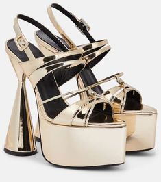 Modern Metallic Platform Heels, Glamorous Gold Leather Heels, Glamorous Gold Platform Sandals, Glamorous Gold Sandals With Platform, Gold Leather Sandals For Night Out, Luxury Gold Sandals For Night Out, Glamorous Gold Sandals With Sculpted Heel, Gold Patent Leather Sandals For Party, Luxury Gold Platform Heels