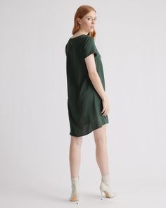 Slinky, simple and versatile. Always chic, never fussy, this dress is an easy win every time. Made from mulberry silk with a little stretch, our silk is washable for low-maintenance ease. Plus, silk fiber contains 18 kinds of amino acids that make it amazing for skin nourishment, hypo-allergenic, and naturally thermoregulating to help maintain body temperature.  | Quince | Women's Washable Stretch Silk T-Shirt Dress in Forest Green, Size Large Casual Silk Mini Dress, Casual Silk Midi Dress For Work, Elegant Short Sleeve Rayon Mini Dress, Casual Silk Knee-length Dresses, Casual Knee-length Silk Dress, Silk Dresses For Work, Casual Silk V-neck Dress, Casual Silk Dress For Work, Versatile Viscose Dress For Daywear