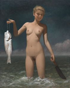 a painting of a naked woman holding a fish and a knife in her right hand