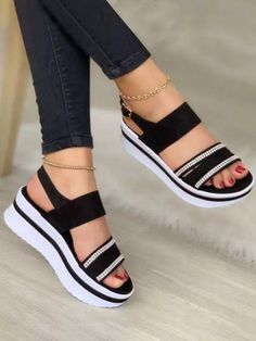 Rhinestone Upper Platform Sandals Flat Platform Sandals, Supportive Sandals, Summer Sandals Flat, Elegant Sandals, Comfy Sandals, Sandals Platform, Rhinestone Sandals, Womens Summer Shoes, Walking Shoes Women