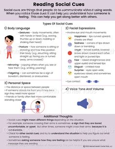 Reading Social Cues Handout for Kids and Teens Social Cues Activities, Therapy Sheets, Social Emotional Development Activities, Emotional Development Activities, Sel Activities, Group Therapy Activities, Learning Psychology, Counseling Worksheets, Social Skills For Kids