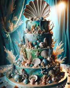 a three tiered cake decorated with shells and seashells