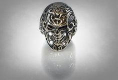 Sterling Silver Ring 925 Sugar Skull Flowers Tattoo Wings Ring Unique Gift Skull-shaped Hallmarked Rings, Silver Skull Ring Collectible, Silver Oxidized Skull Ring, Collectible Sterling Silver Skull Ring With Polished Finish, Silver Skull-shaped Engraved Rings, Silver Engraved Skull Ring, Unique Silver Skull Ring Collectible, Unique Silver Skull Rings, Silver Symbolic Skull Ring Hallmarked