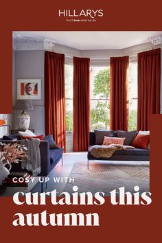 Warm burnt orange curtains in a large living room bay window. There are dark navy blue sofa's with red cushions, faux-fur throws and the room is light and spacious. Neutral Curtains, Brown Curtains, Want To Draw, Muted Tones, Red And Orange, Spacious Living, Winter Night, Spacious Living Room