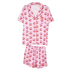 Get ready for Valentine's Day with our Cherry Bow Repeat Pajama Loungewear! This adorable set features a charming cherry bow print, perfect for adding a touch of sweetness to your customers' loungewear collection. Crafted from soft, high-quality fabric, these PJs offer both comfort and style, making them a must-have for the season. With Valentine's Day right around the corner, these are sure to be a hit. Order now to ensure your store is stocked up on this festive favorite! two piece matching set 95% polyester, 5% spandex machine wash cold, dry flat true to size front pocket on shirt has pockets button closure elastic waistband Cute Strawberry Print Sleepwear For Lounging, Casual Strawberry Print Sleepwear For Pajama Party, Casual Sleepwear With Strawberry Print For Pajama Party, Spring Strawberry Print Sleepwear For Loungewear, Hello Kitty Print Cotton Loungewear Sets, Hello Kitty Summer Sleepwear, Cotton Hello Kitty Loungewear Sets, Hello Kitty Print Summer Sleepwear, Cotton Hello Kitty Print Loungewear Sets