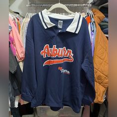 Nwt Auburn Sweatshirt. Gameday Couture Brand. Perfect Condition. Size Large Navy Long Sleeve Collegiate Top, Blue School Spirit Tops For Fall, Blue College Style Long Sleeve Sweatshirt, Blue Tops For Fall School Spirit, Blue Long Sleeve College Style Sweatshirt, Blue Tops For Fall Game Day, Gameday Sweatshirt, Adpi Merch, Auburn Sweatshirt