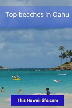 people are on the beach and in the water with blue skies, palm trees and white sand