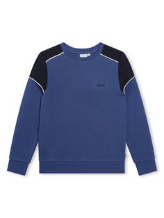 slate blue/navy blue cotton blend panelled design logo print at the chest crew neck drop shoulder long sleeves ribbed cuffs straight hem Boss Sweatshirt, Kidswear Boys, Designer Boys, Dress With Jean Jacket, Baby Boy Accessories, Dolce And Gabbana Kids, Boys Sweatshirts, Boys Accessories, Boys Hoodies