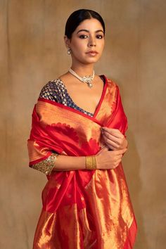 Vermillion red silk chanderi saree with floral butis all over reverse scallop border and detailed palla in gold tone. Comes with an unstitched blouse piece. - Aza Fashions Vermillion Red, Border Saree, Silk Sari, Red Silk, Most Romantic, Pearl Drop Earrings, Blouse Piece, Aza Fashion, Silk Sarees