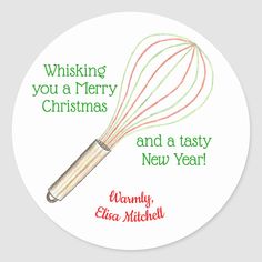 a christmas sticker with a whisk in it's center and the words, wishing you a merry christmas and a tastyy new year