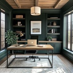 The Best Moody Office Paint Colors - The Paint Color Project Green Paint For Office Walls, Evergreen Fog Office Cabinets, Dark Green Blue Sherwin Williams, Green Home Gym Paint Colors, Deep Blue Office Walls, Mens Office Green, Benjamin Moore Green Office, Moody Green Office Paint Colors, Studio Mcgee Office Paint Color