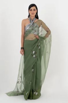 Shop for Fallon.Studio by Shruti Kaushik Green Imported Pure Silk Organza The Madhuri Hand Painted Saree for Women Online at Aza Fashions Hand Painted Saree, Painted Saree, Freesia Flowers, Hand Painted Sarees, Saree For Women, Flowers Fabric, Green Saree, Dark Olive Green, Organza Saree