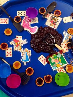 a blue tray topped with lots of different items