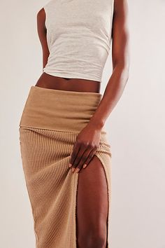 Effortless and contemporary, this essential midi skirt features a longline silhouette with exaggerated slit hem feature and wide, fold-over waistband in a textured waffle knit fabrication. * Pull-on design * Adjustable waistband * Raw-edge detailing | FP One Pari Midi Skirt at Free People in Tan, Size: L Bodycon Midi Skirt, Moon Rock, Adjustable Waistband, Bottom Clothes, Waffle Knit, Raw Edge, Long A Line, Boho Outfits, Midi Skirt