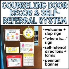 a bulletin board with signs and magnets to help students learn how to use the door