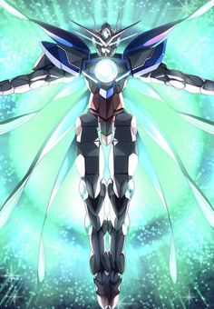 an anime character with large wings standing in front of green and blue lightenings