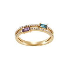 This double-row band is both playful and posh. Its adorned in sparkling diamonds, chromatic blue topaz, and amethyst for a fun, luminous effect. Wear it on its own to show off its details or stack it alongside other colorful styles. Size: 7.  Color: Yellow.  Gender: female.  Age Group: adult. Aquamarine Birthstone Ring, Open Cuff Ring, Open Heart Ring, Aquamarine Birthstone, Real Diamond Rings, Gold Signet Ring, Peridot Ring, Cz Ring, Emerald Diamond