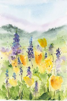 watercolor painting of yellow and purple flowers with mountains in the background by artist susan grisby