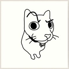 a black and white drawing of a cat's face with big eyes on it