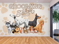 there are many dogs and cats on this wall decal that says grooming salon