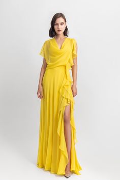 Description Yellow A-line, Long dress Sleeveless V-Neck Chiffon Dry Clean Evening Dress Made in Lebanon EDSS23 1831LD Yellow Chiffon Dress, Western Gowns, Evening Dresses Online, Yellow Maxi, Chiffon Dress Long, Edgy Chic, Unique Prom Dresses, Yellow Dress, Formal Dress