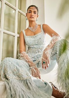 Elegant and chic, this pale blue chiffon peplum and feather pants set exudes modern charm. The embroidered stole adds a touch of luxury to this fashionable ensemble, perfect for special occasions and formal events. Feather Pants, Celestial Blue, Personal Shopping Service, Palazzo Set, Wedding Beauty, Personal Stylist, Pale Blue, Traditional Design, Formal Event